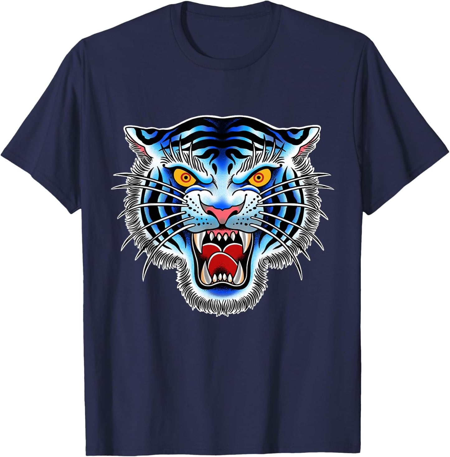 White Tiger Head Tattoo, Traditional Tattoo Graphic T-Shirt - T-Shirt | Navy