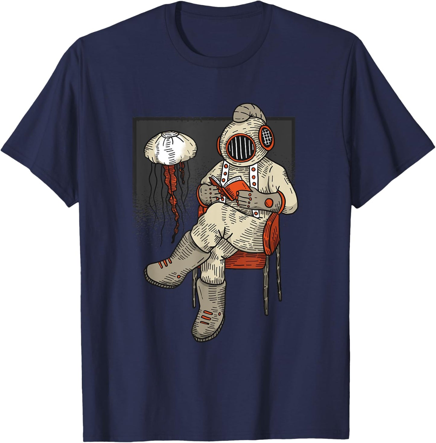 Retro Diver Reading a Book - Diving Gift T-Shirt - T-Shirt | Navy