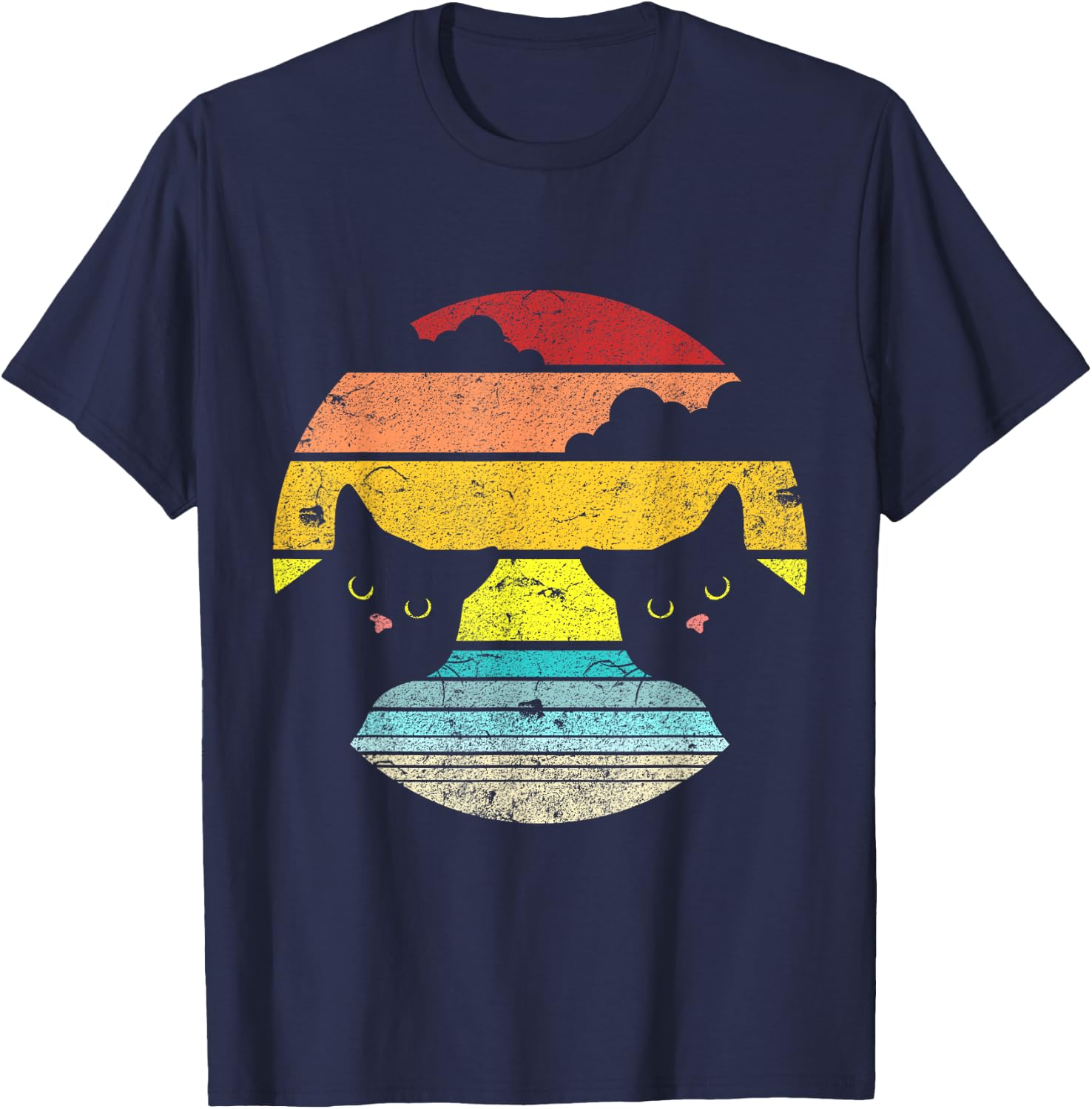 Two Cats Staring Vintage Sunset Retro Style Cat T-Shirt - T-Shirt | Navy