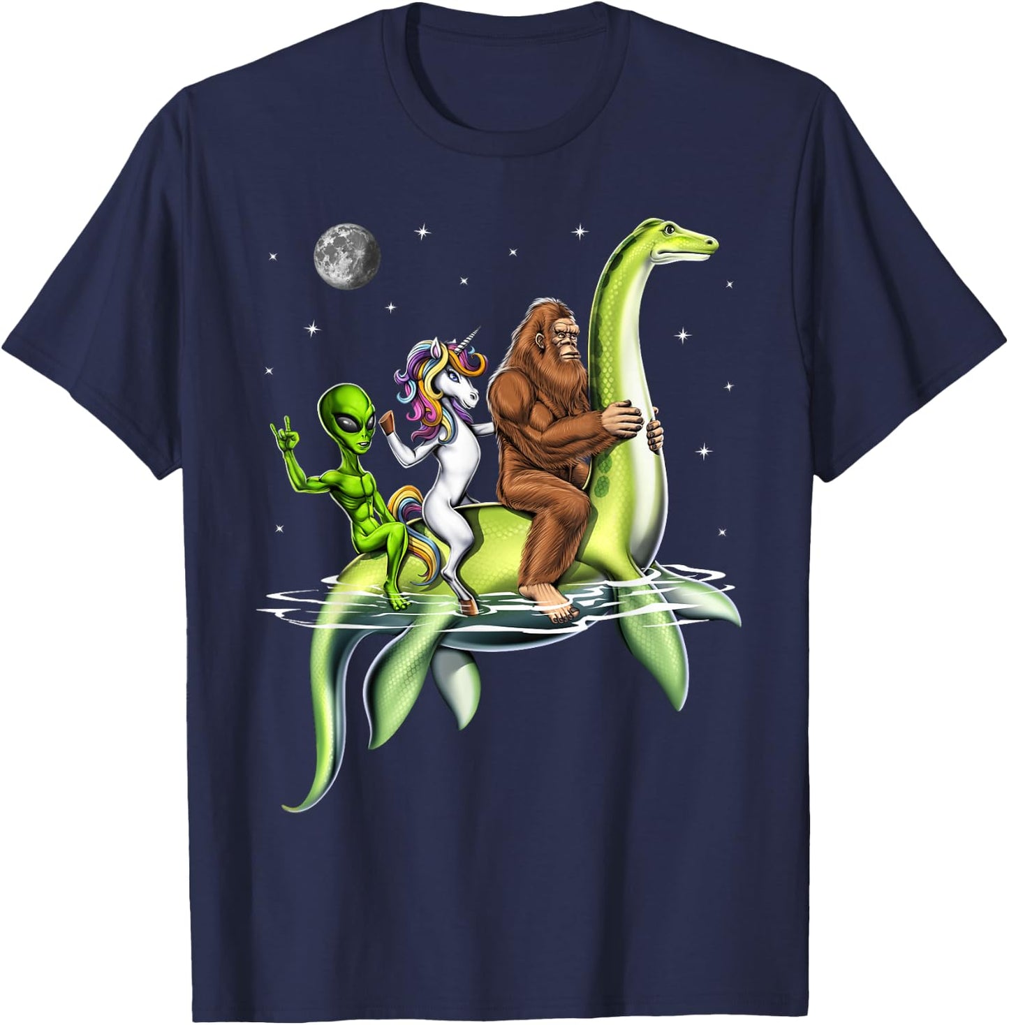 Cryptids Bigfoot Alien Unicorn Riding Loch Ness Monster T-Shirt - T-Shirt | Navy