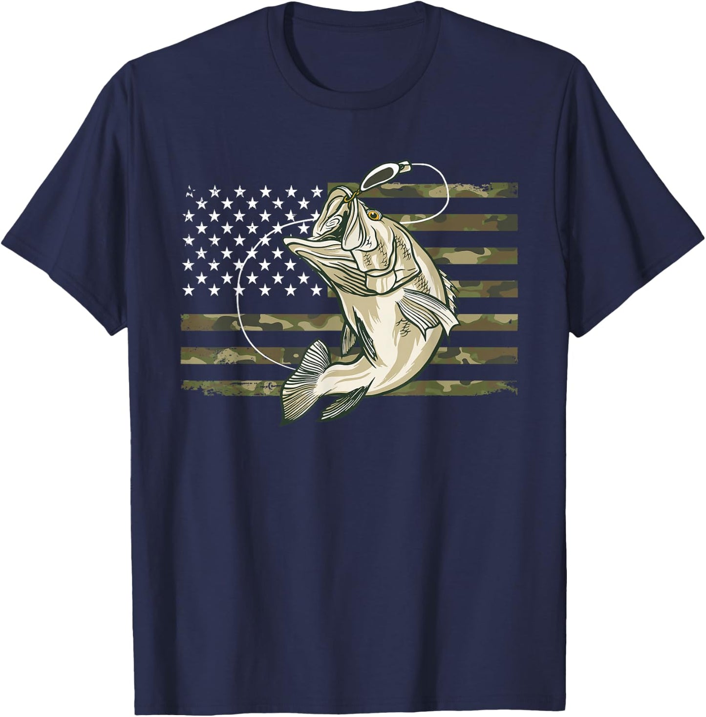 Fishing Camouflage US American Flag Bass Fish Fisherman Camo T-Shirt - T-Shirt | Navy