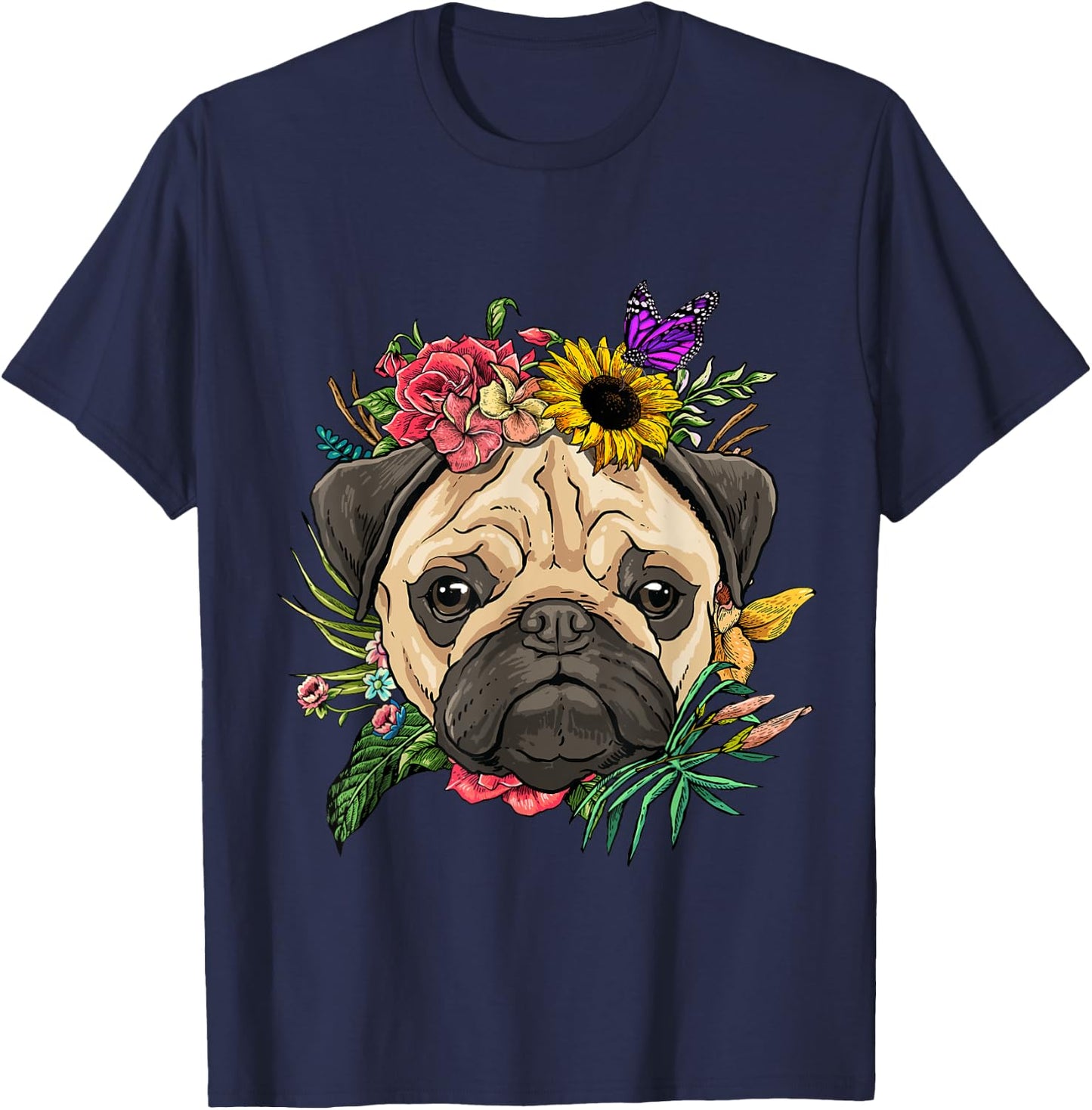 Pug Shirt Dog Pug Face Flower Pug Lovers Owners Pug Mom Dad T-Shirt - T-Shirt | Navy