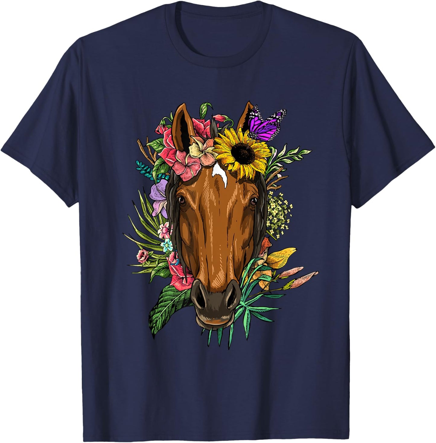 Floral Horse Spring Nature Horse Lovers & Men T-Shirt - T-Shirt | Navy