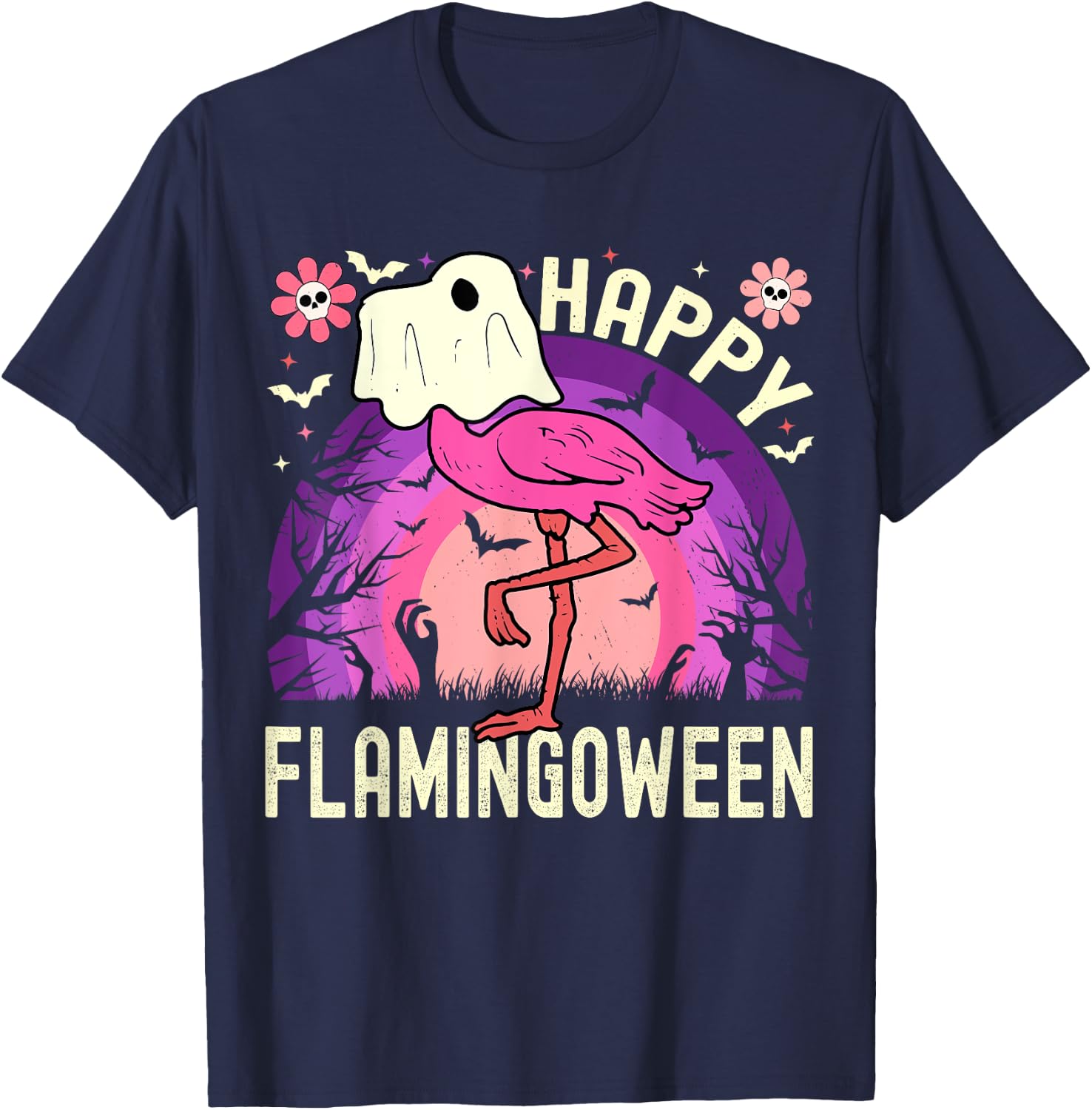 Happy Flamingoween Funny Flamingo Ghost Retro Halloween T-Shirt - T-Shirt | Navy