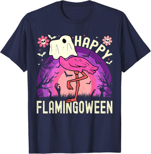 Happy Flamingoween Funny Flamingo Ghost Retro Halloween T-Shirt - T-Shirt | Navy