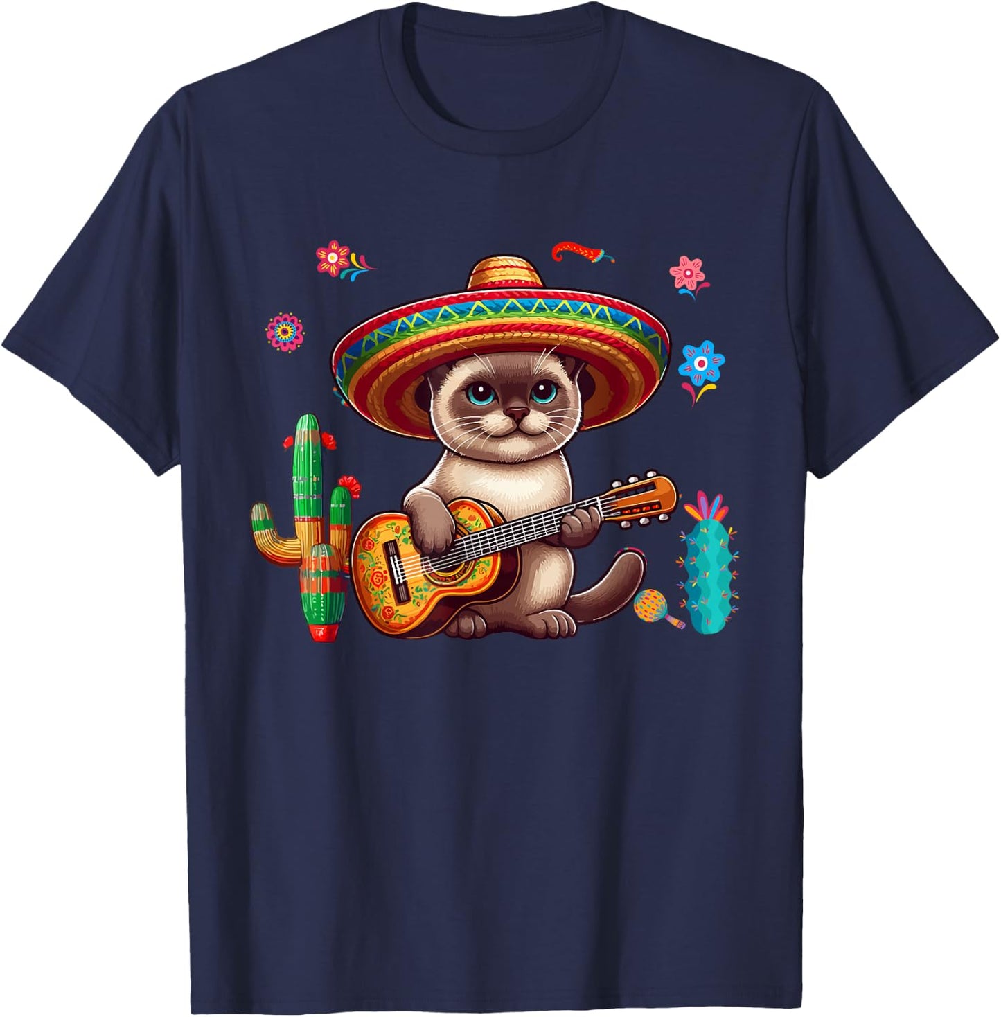 Siamese Cat Sombrero Mexican Guitar Cinco De Mayo Owner Men Women Kids T-Shirt - T-Shirt | Navy