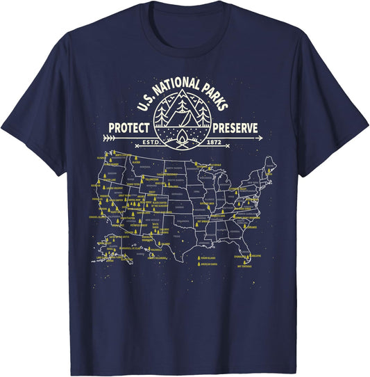 U.S. National Park Camping - All 63 US National Parks Map T-Shirt - T-Shirt | Navy