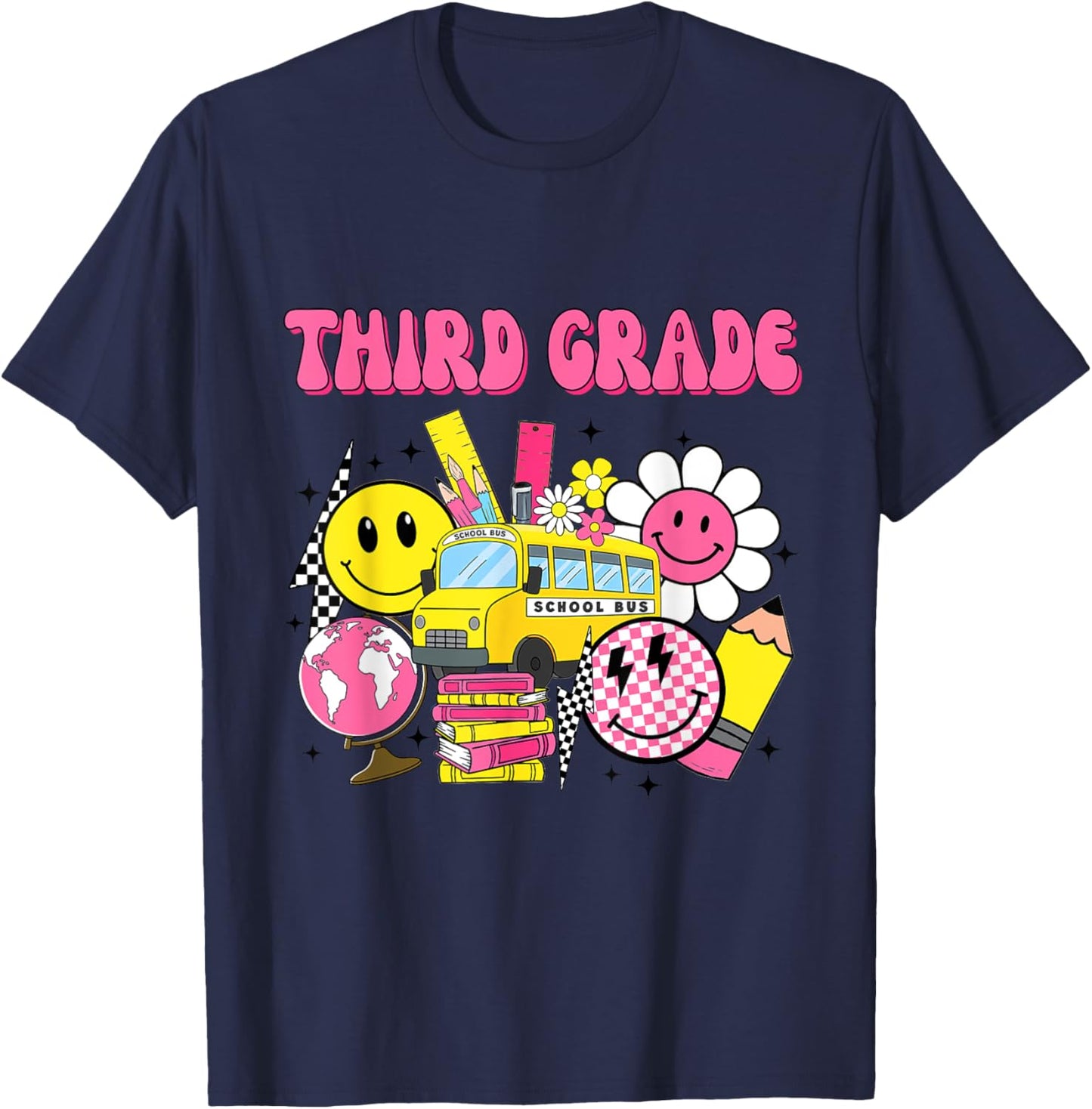 Retro Groovy Third Grade Checkered Back To School Teacher T-Shirt - T-Shirt | Navy
