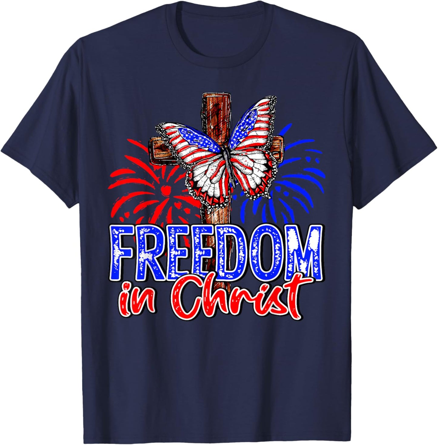Patriotic Firework Faith Freedom In Christ Cross Butterfly Kids Men T-Shirt - T-Shirt | Navy