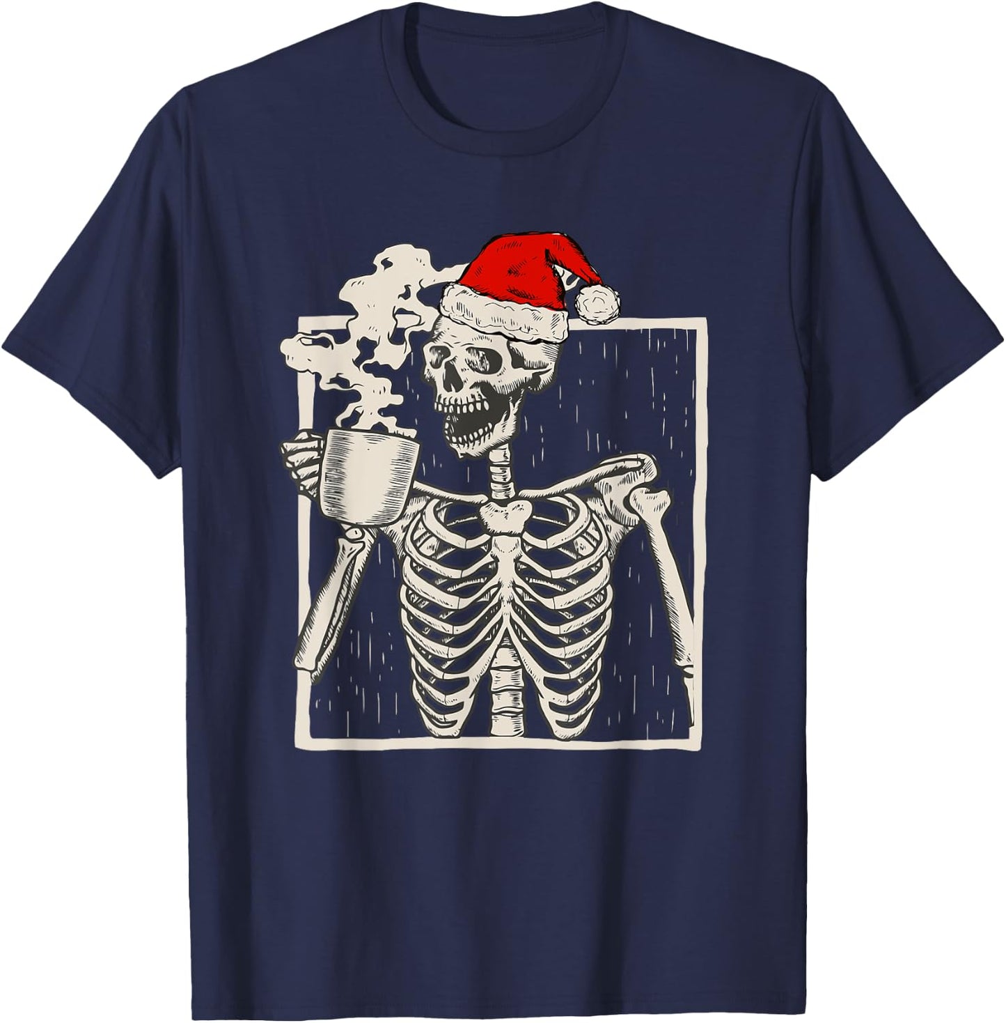 Christmas Skeleton With Smiling Skull Drinking Coffee Latte T-Shirt - T-Shirt | Navy