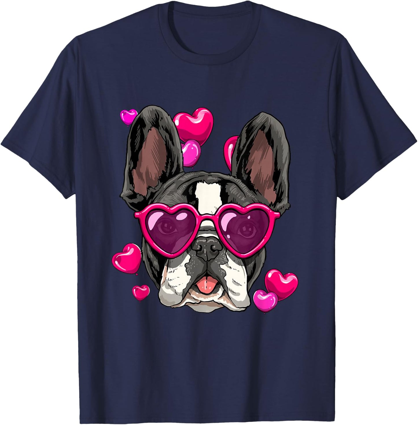 Valentine's Day French Bulldog With Heart Glasses Frenchie T-Shirt - T-Shirt | Navy