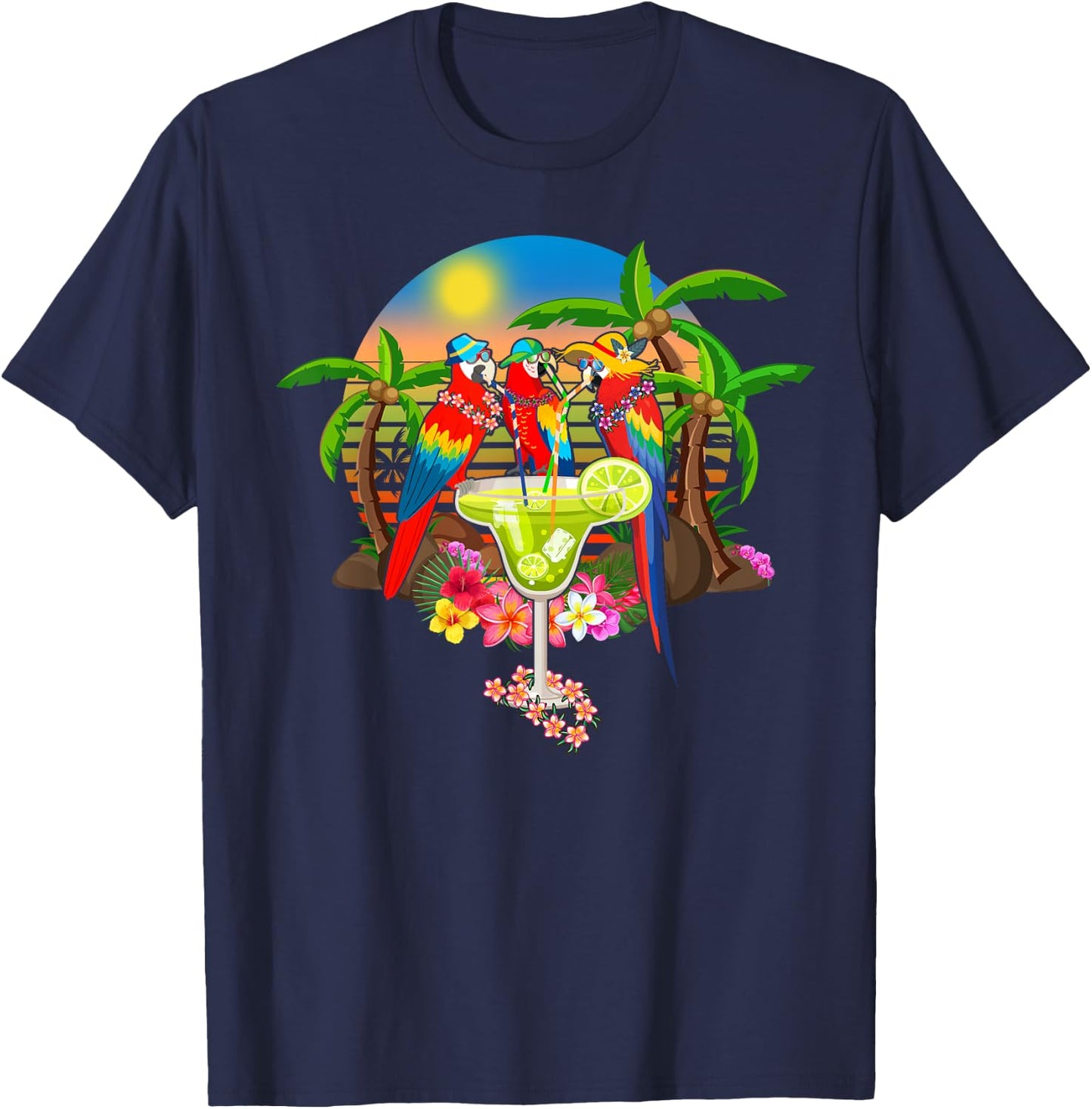 Parrots Drinking Margarita On Summer Vacation Birds Fun Men Women T-Shirt - T-Shirt | Navy