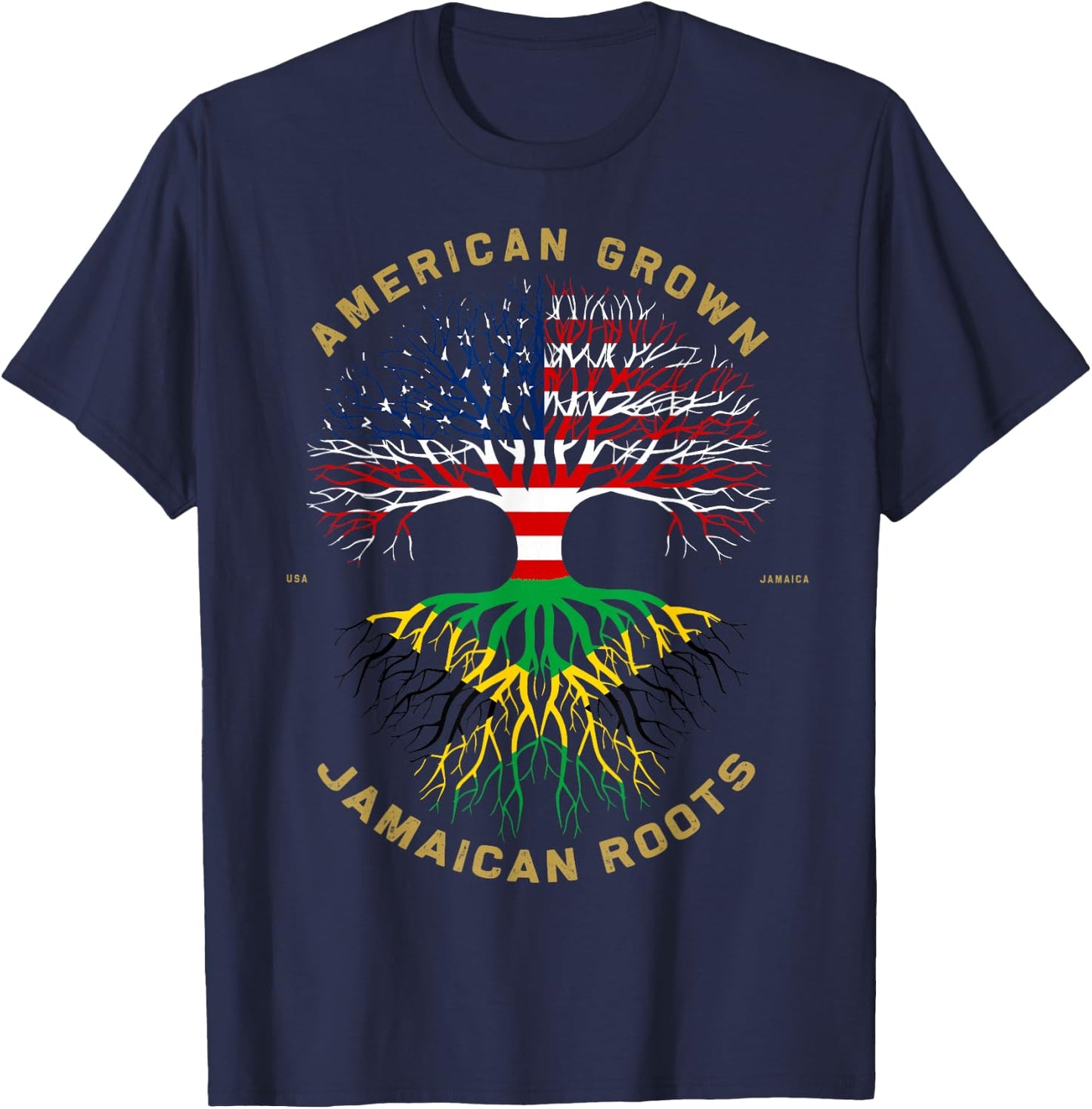 American Grown With Jamaican Roots Tree Vintage USA Flag T-Shirt - T-Shirt | Navy