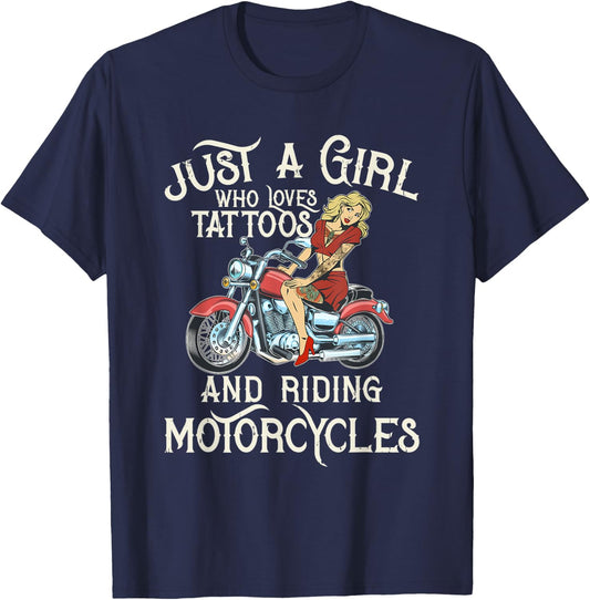 Biker girl Who Loves Tattoos And Motorcycles T-Shirt - T-Shirt | Navy