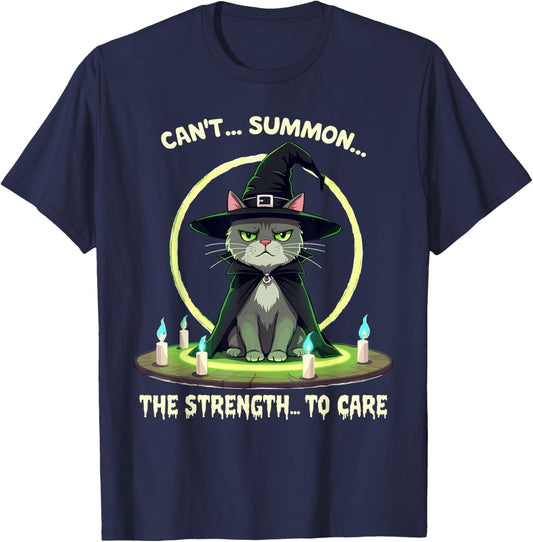 Funny Can't Summon The Strength To Care Witchy Cat Design Men Women Kids T-Shirt - T-Shirt | Navy