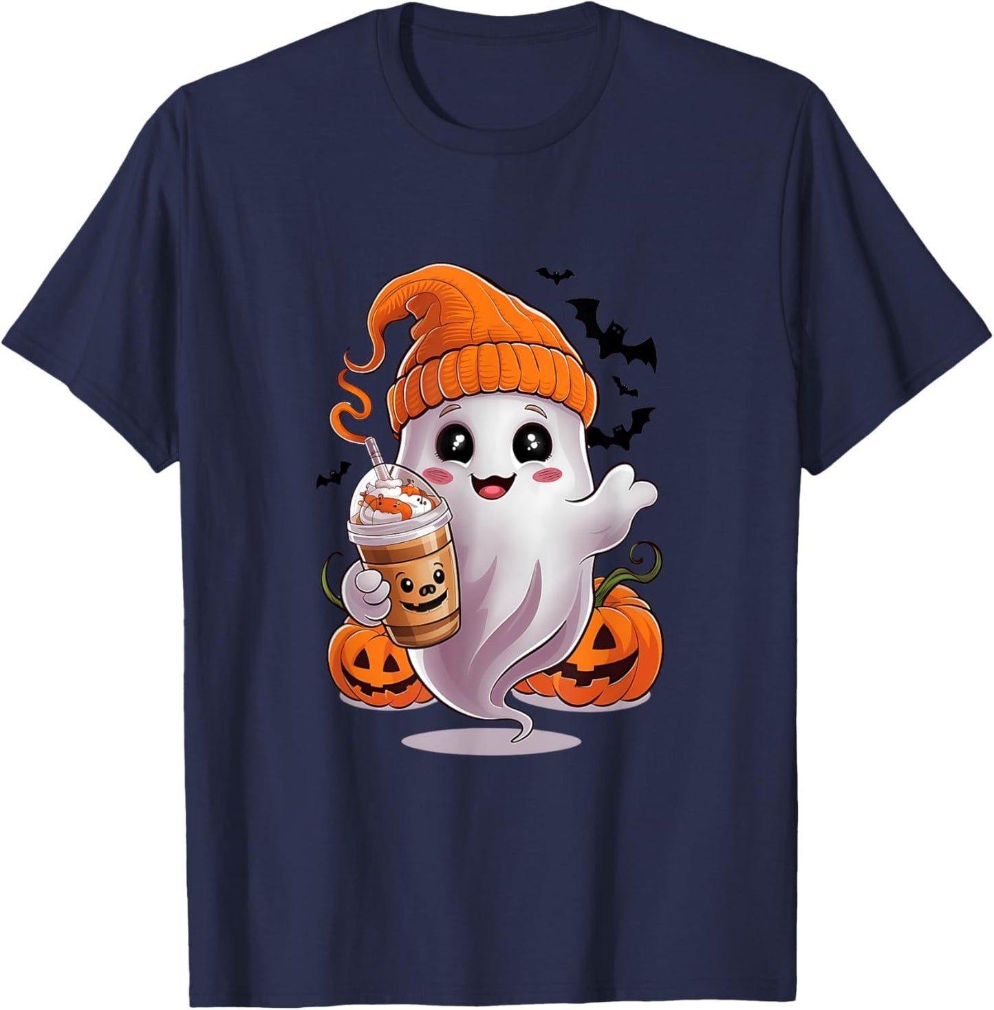 Cute Ghost Drinking Coffee Halloween Ghost Coffee T-Shirt - T-Shirt | Navy