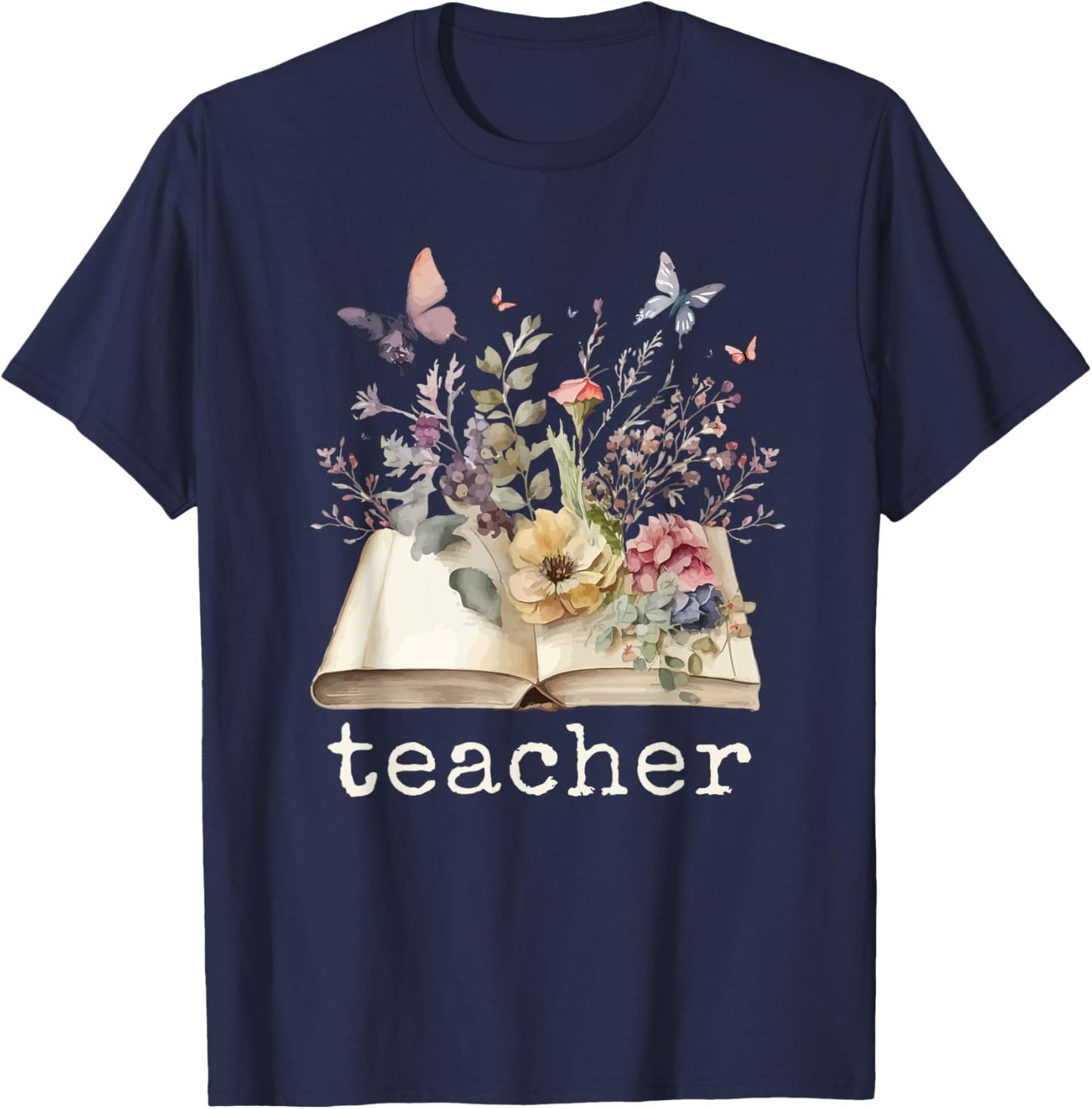 Beautiful Floral Open Book Teacher Men Women T-Shirt - T-Shirt | Navy