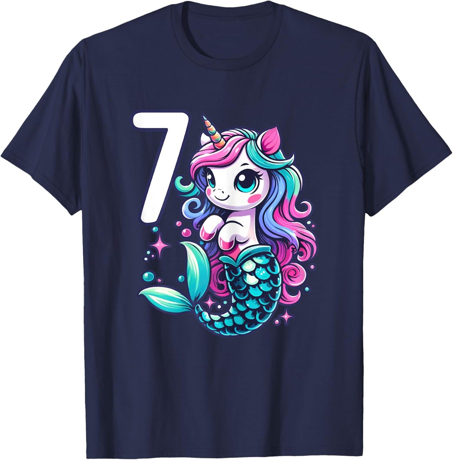 Unicorn Mermaid 7th Birthday 7 Year Old Party Girls Outfit T-Shirt - T-Shirt | Navy