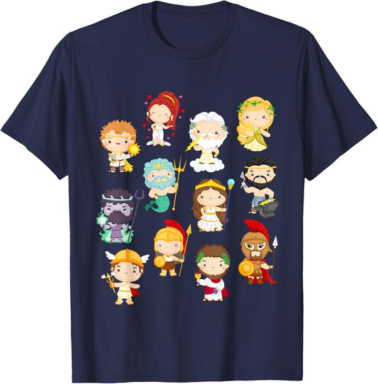 Legendary Cartoon Greek Gods & Goddesses: Kids and Adults T-Shirt - T-Shirt | Navy
