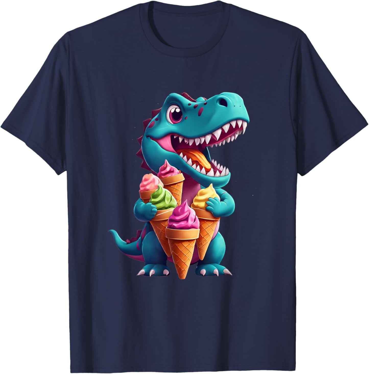 T-Rex Dinosaur Eating Ice Cream Cone Party Men Women Kids T-Shirt - T-Shirt | Navy