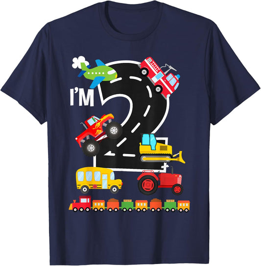 I'm 2 2nd Birthday Trucks Vehicles Transportation Train T-Shirt - T-Shirt | Navy