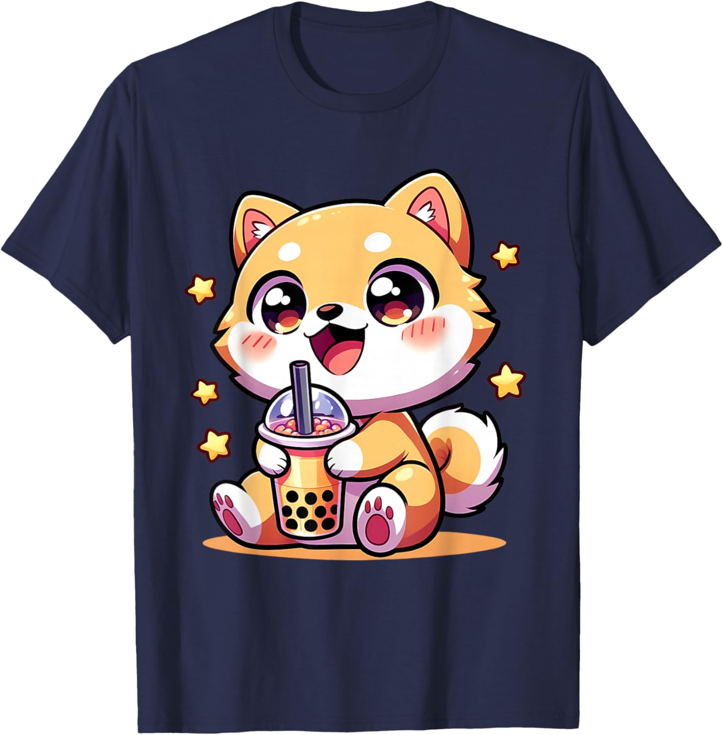 Kawaii Shiba Inu Dog Bubble Tea Anime Chibi T-Shirt - T-Shirt | Navy