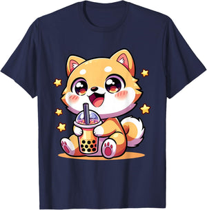 Kawaii Shiba Inu Dog Bubble Tea Anime Chibi T-Shirt - T-Shirt | Navy