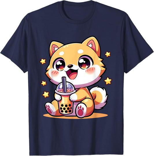 Kawaii Shiba Inu Dog Bubble Tea Anime Chibi T-Shirt - T-Shirt | Navy