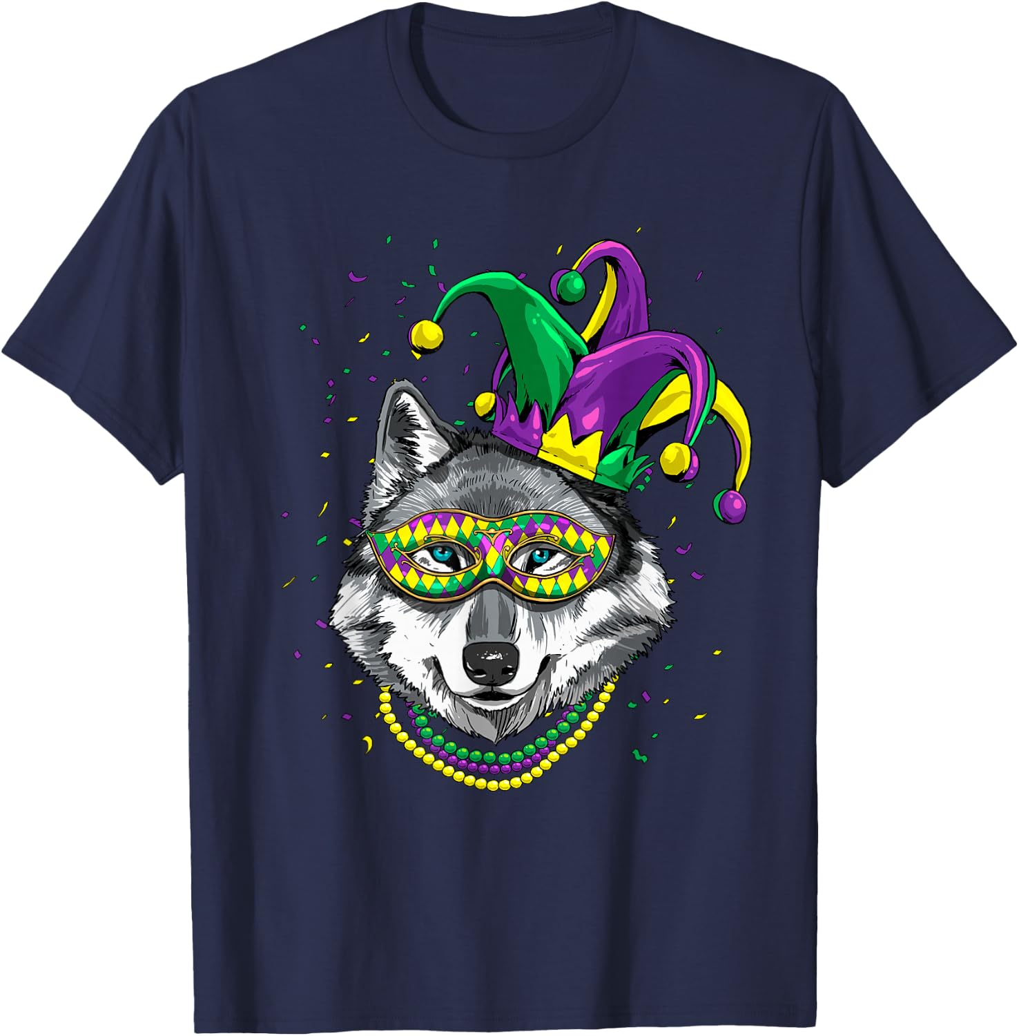 Wolf Animal Lover Cute Mardi Gras Carnival Jester T-Shirt - T-Shirt | Navy