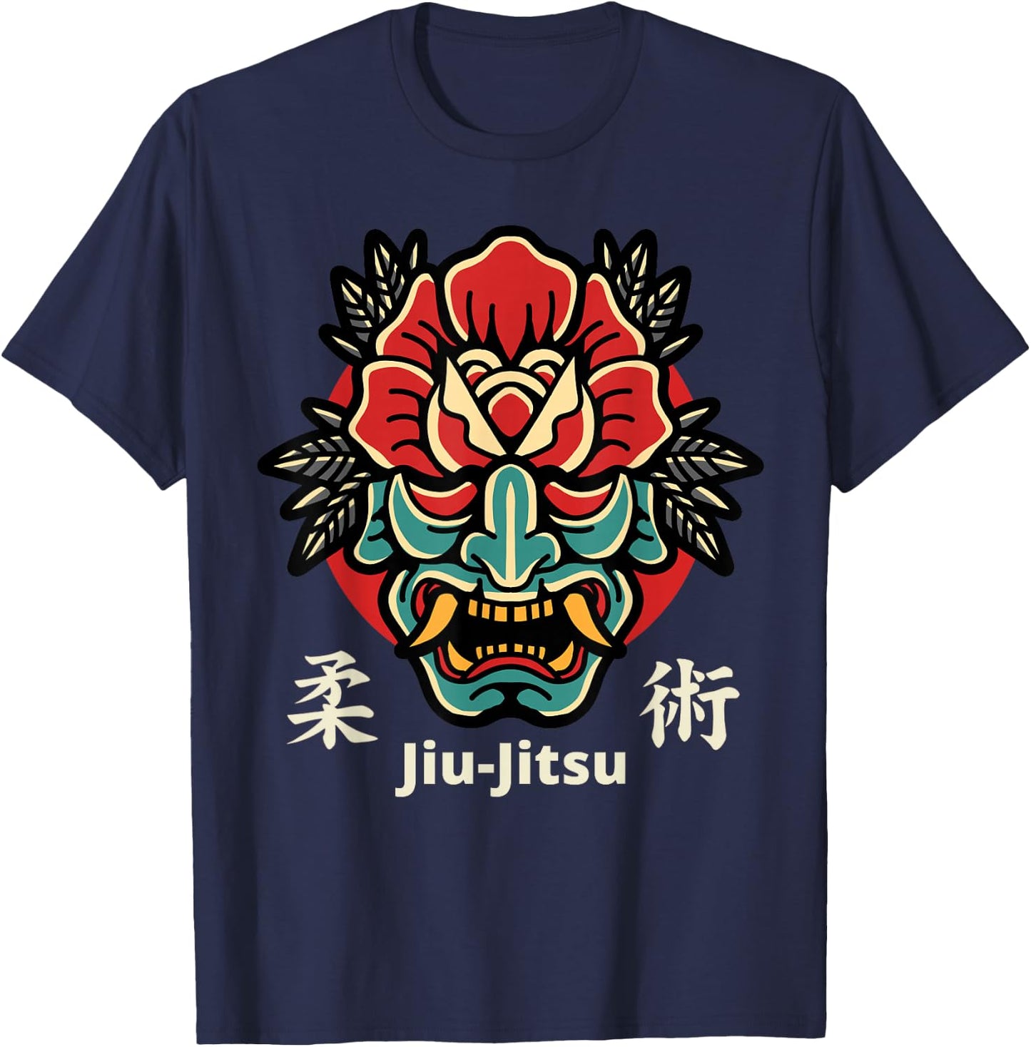 Japanese Demon Oni Mask, Kabuki Jiu-Jitsu Kanji T-Shirt - T-Shirt | Navy