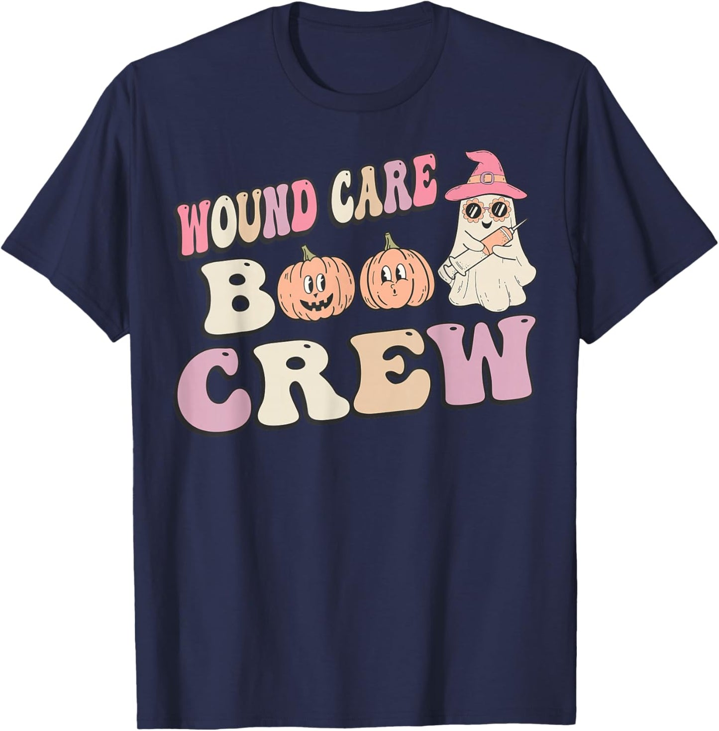Groovy Boo Crew Wound Care Funny Ghost Halloween Nurse T-Shirt - T-Shirt | Navy