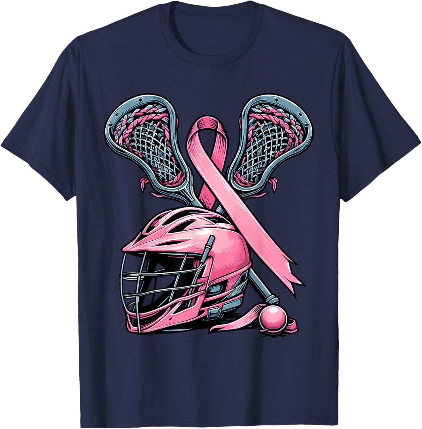 Lacrosse Pink Ribbon Breast Cancer Awareness Sport Lover T-Shirt - T-Shirt | Navy