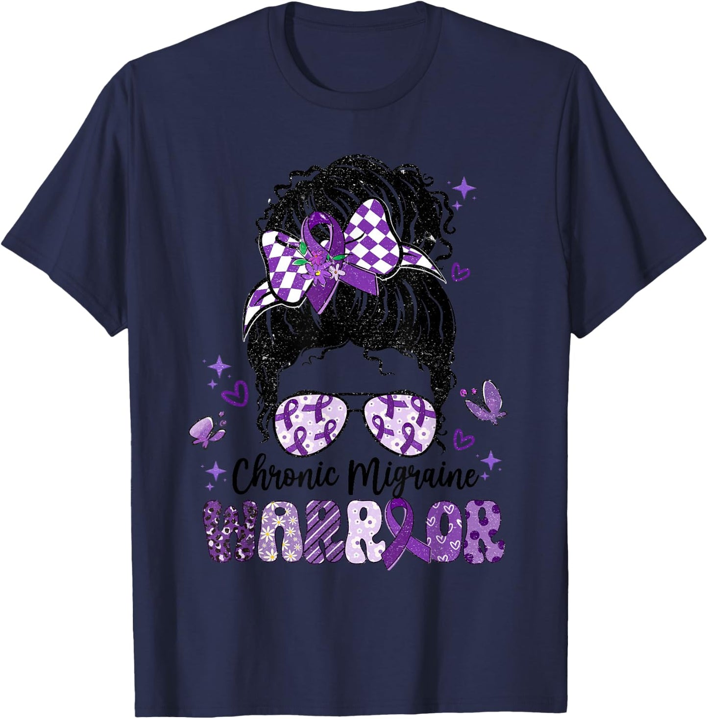 Warrior Messy Bun Red Purple Ribbon Chronic Migraine T-Shirt - T-Shirt | Navy
