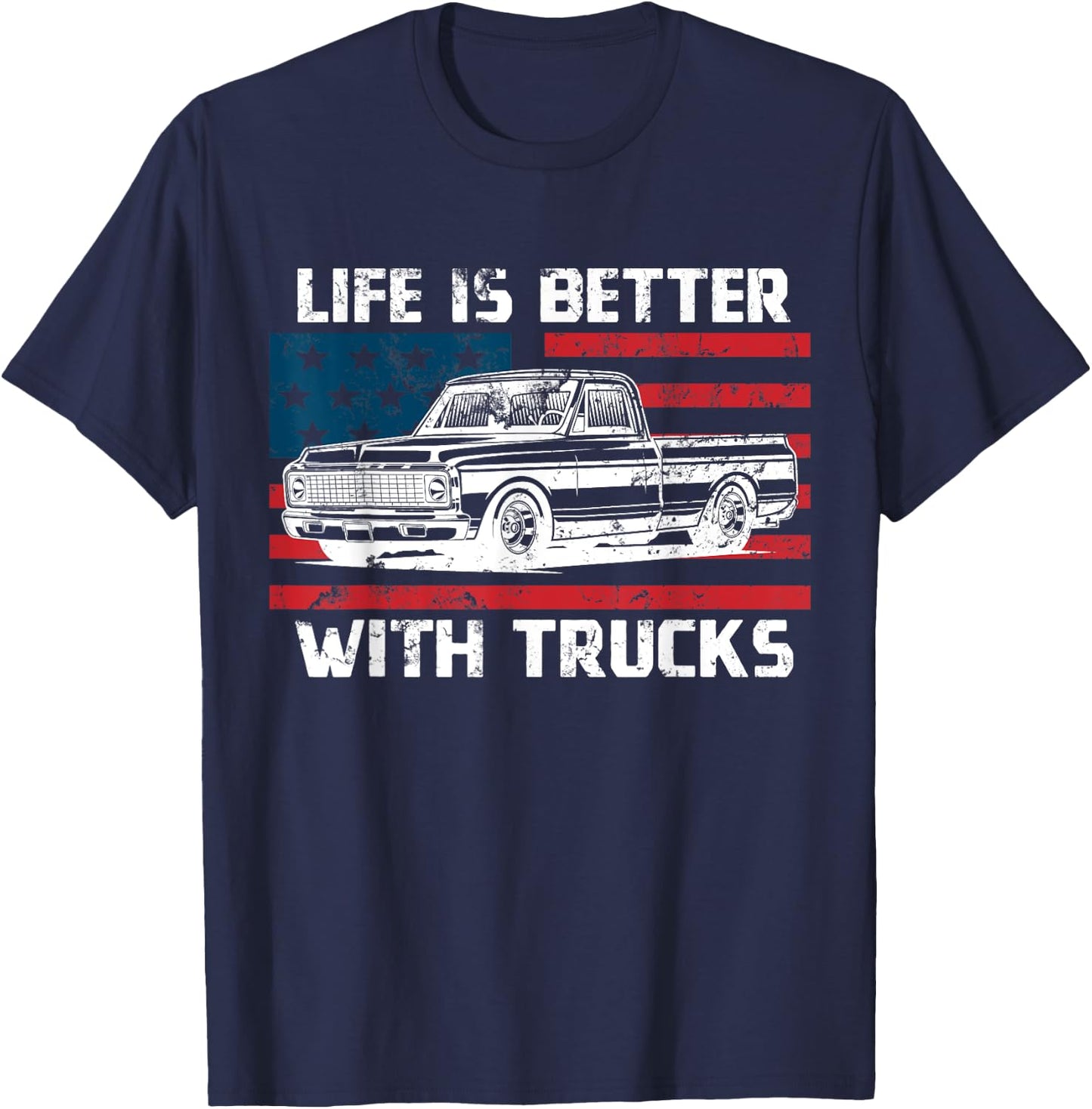Vintage Life Is Better With Trucks USA Flag Truck Shirts Women Men T-Shirt - T-Shirt | Navy