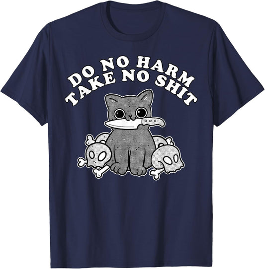 Vintage Retro Do No Harm Take No Shit Funny Cat Humor Gift Men Women T-Shirt - T-Shirt | Navy
