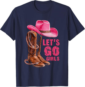 Let's Go Girls Western Pink Cowboy Hat and Boots Cowgirl T-Shirt - T-Shirt | Navy