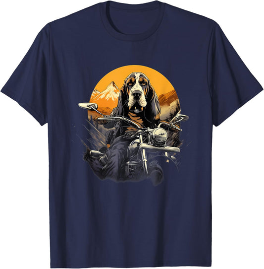 Biker Basset Hound Dog Riding Motorcycle T-Shirt - T-Shirt | Navy