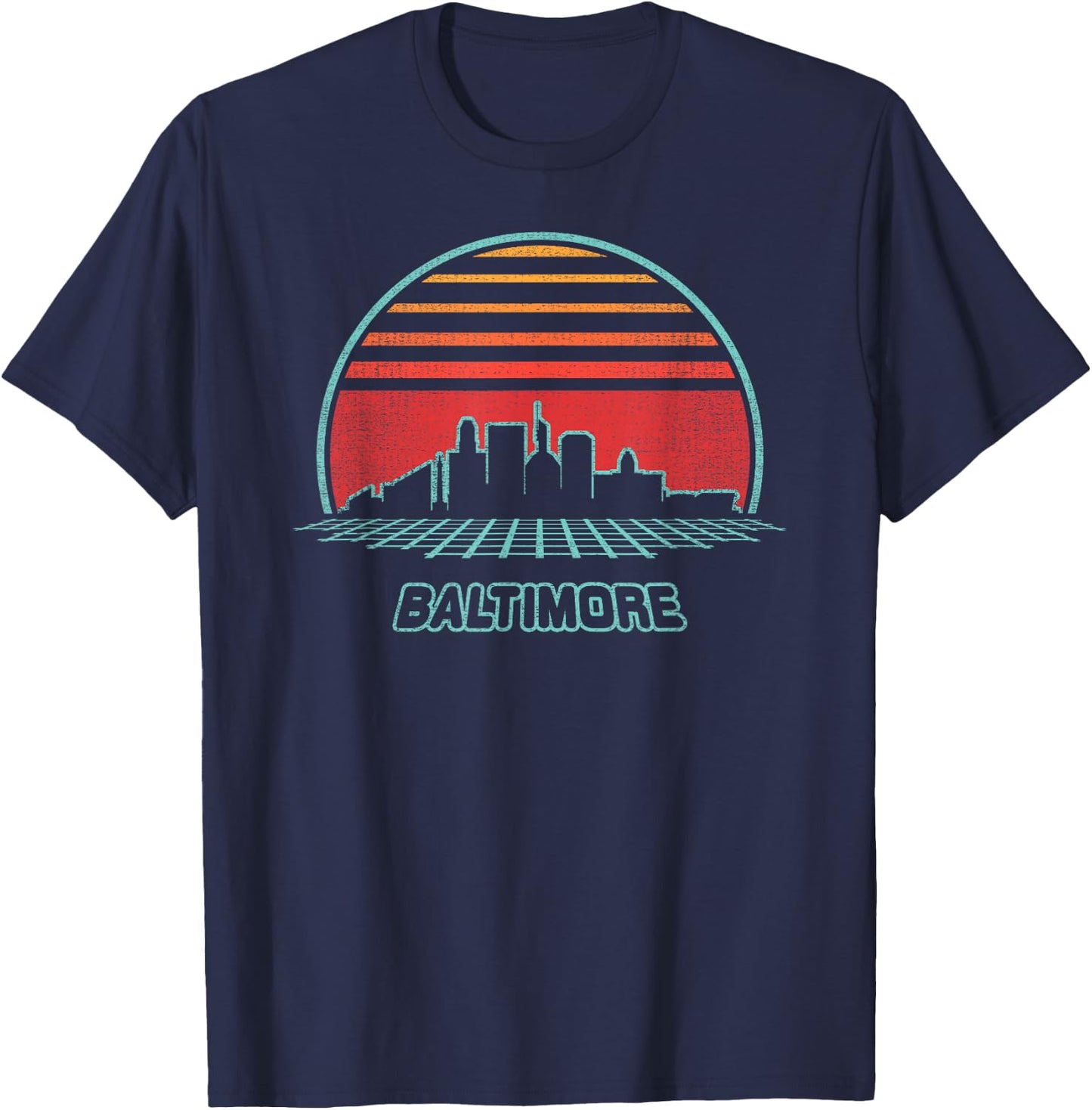 Baltimore City Skyline Retro 80s Style Souvenir Gift T-Shirt - T-Shirt | Navy