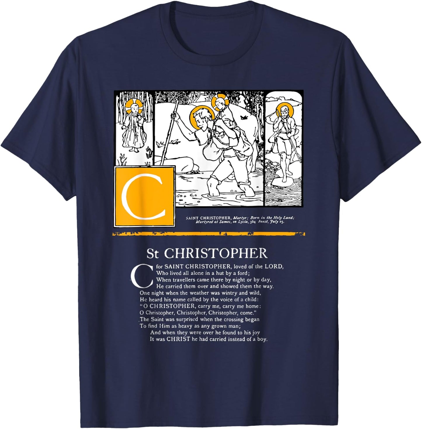 Saint Christopher Protect Us Safety Saint Alphabet Catholic T-Shirt - T-Shirt | Navy