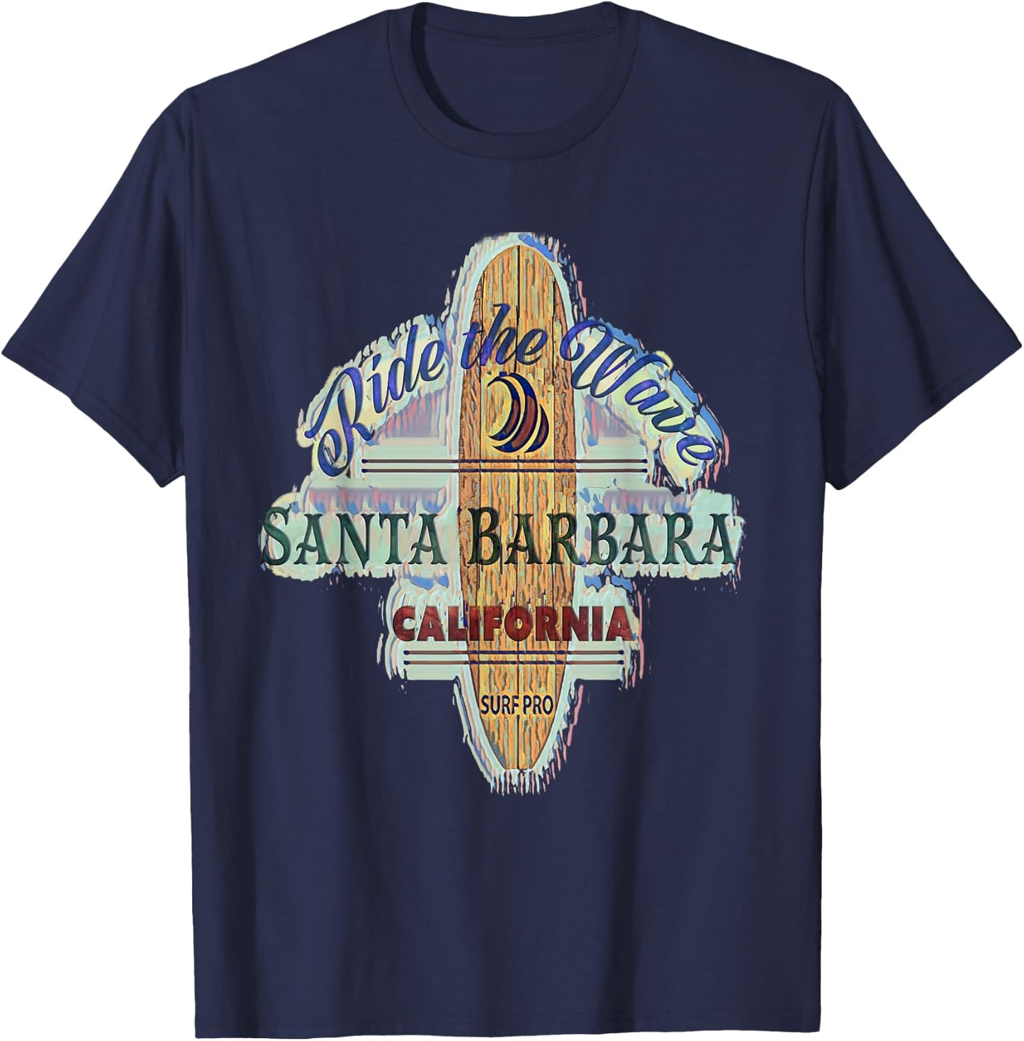 Santa Barbara Surfing Distressed Vintage Retro Surfboard T-Shirt - T-Shirt | Navy