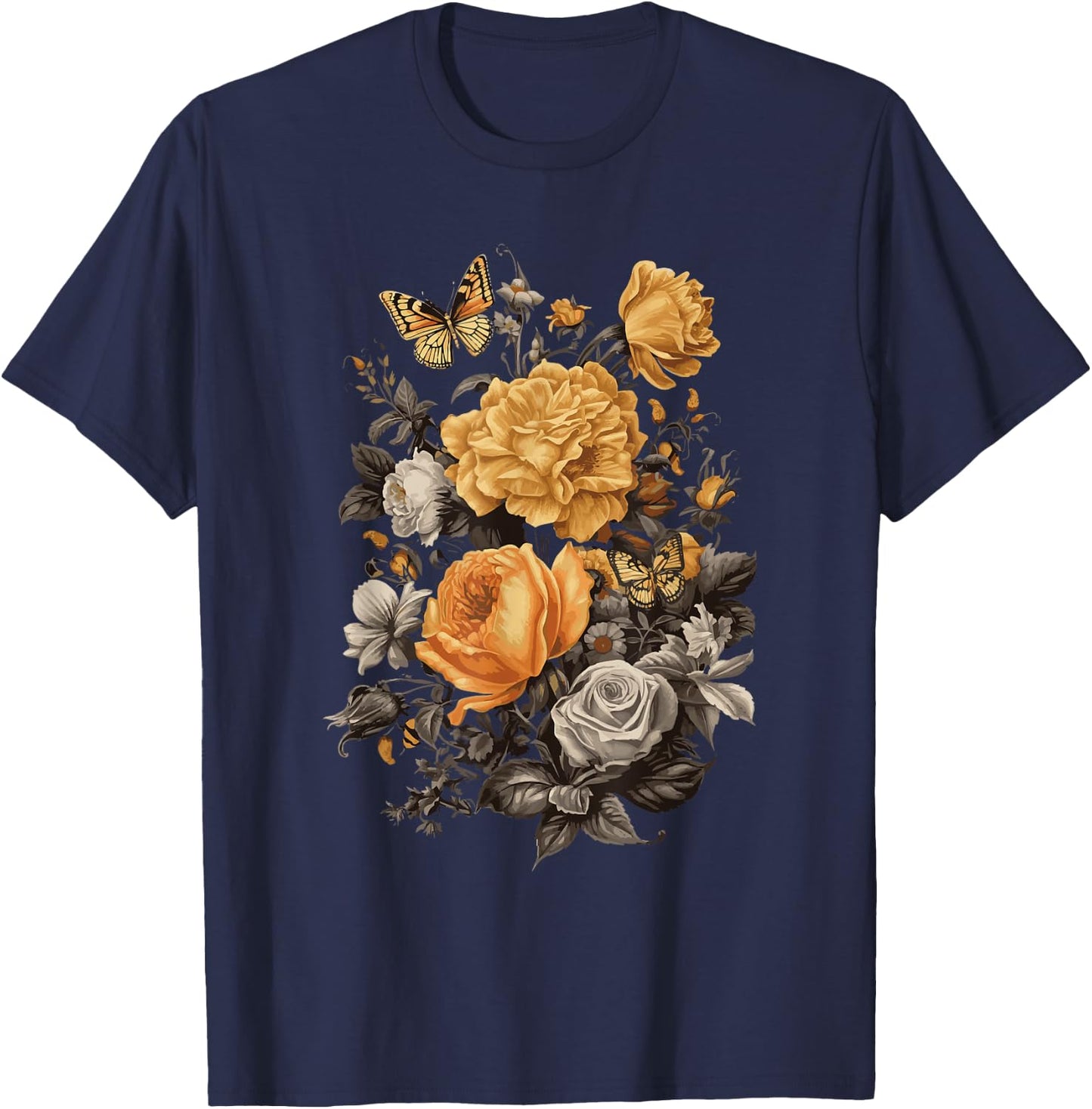 Vintage Flowers Floral Pressed Flower T-Shirt - T-Shirt | Navy