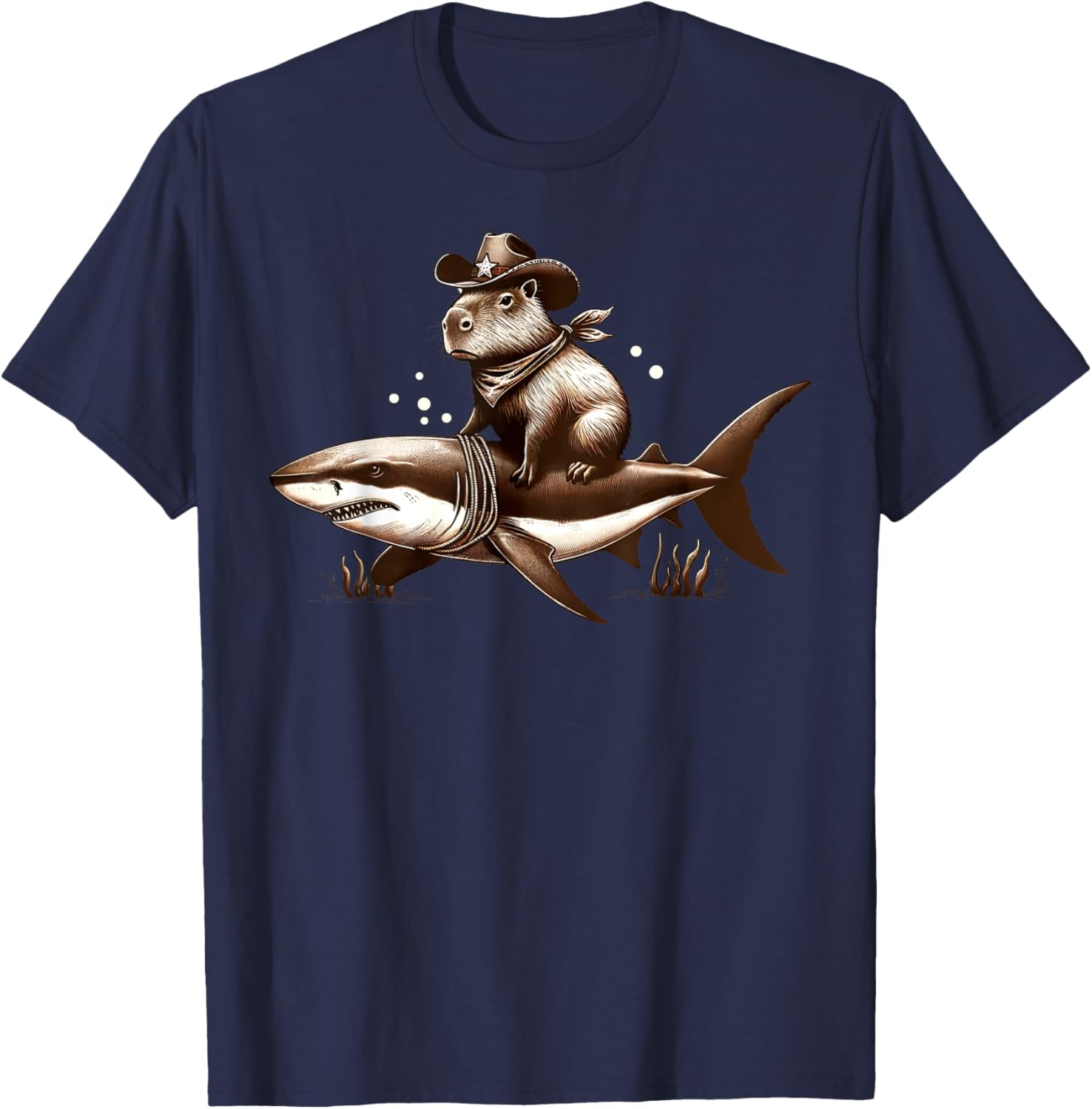 Cowboy Capybara Riding Shark Funny Retro Western Animal T-Shirt - T-Shirt | Navy
