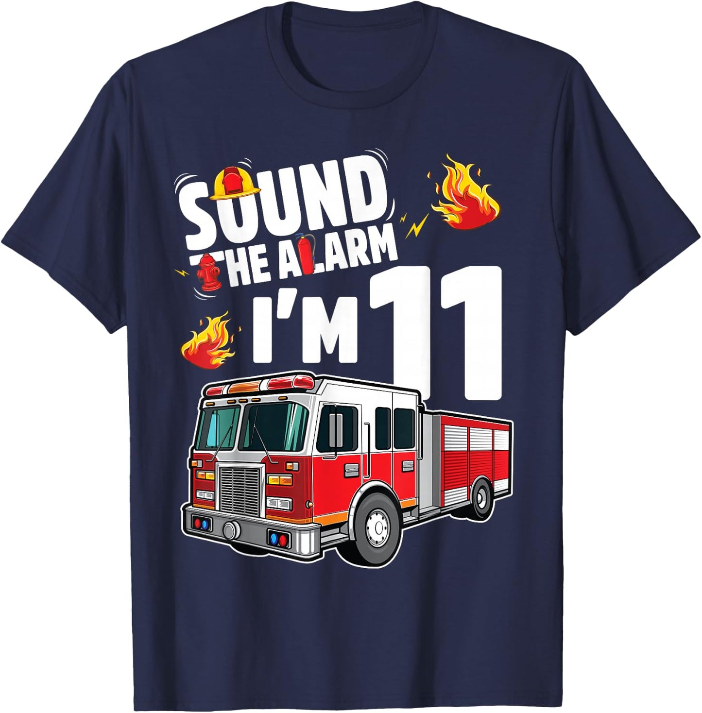 Fire Truck 11th Birthday Boy Firefighter 11 Year Old T-Shirt - T-Shirt | Navy