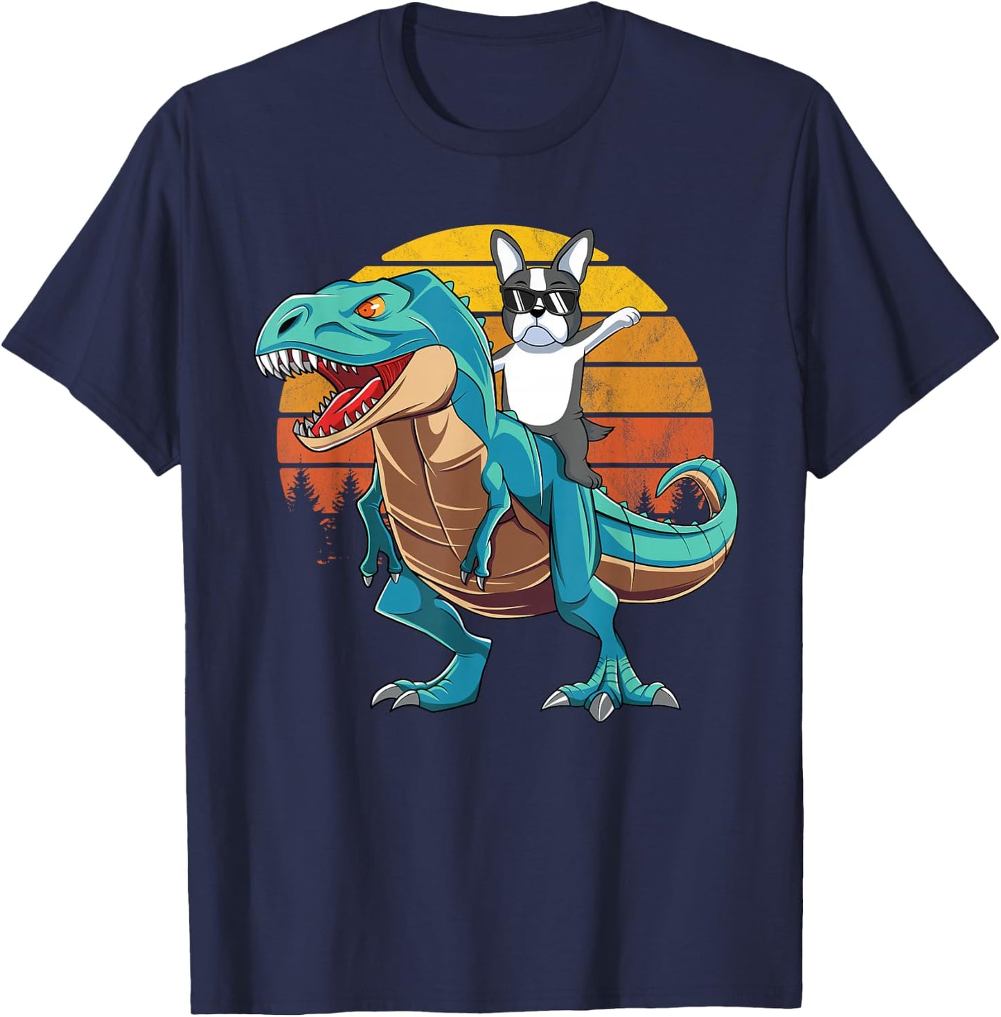 Boston Terrier Dog Riding Dinosaur T Rex Boys T-Shirt - T-Shirt | Navy