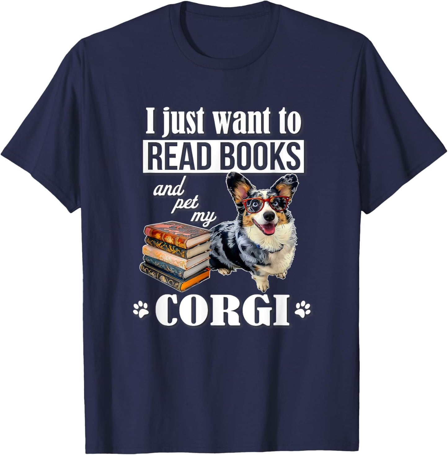 Funny Read Books Cardigan Blue Merle Corgi Lover T-Shirt - T-Shirt | Navy