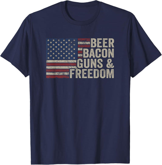 Beer Bacon Guns & Freedom - BBQ Vintage USA Flag Drinking T-Shirt - T-Shirt | Navy