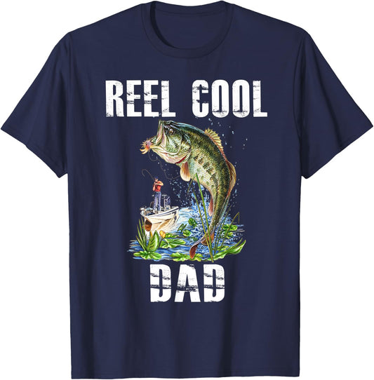 Reel Cool Dad Fishing Fisherman Bass Fish Fathers Day T-Shirt - T-Shirt | Navy