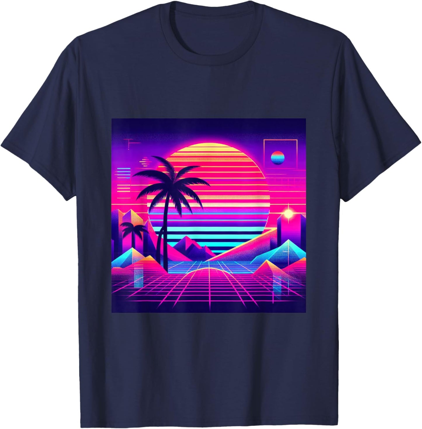 Synthwave Retro Vaporwave Tropical Palm Sunset TV Glitch T-Shirt - T-Shirt | Navy