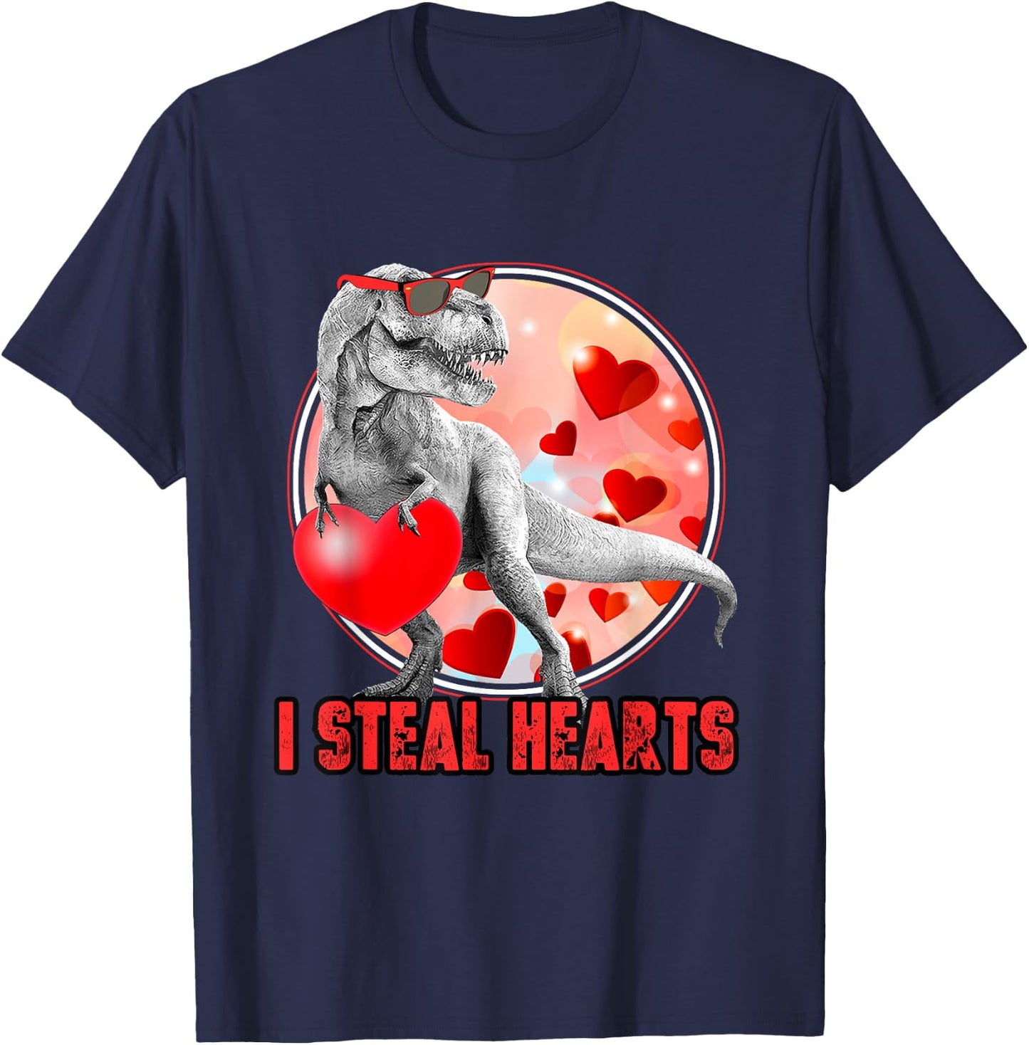 Valentines Day Dinosaur T Rex I Steal Hearts Funny T-Shirt - T-Shirt | Navy