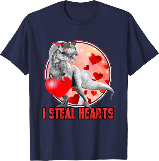 Valentines Day Dinosaur T Rex I Steal Hearts Funny T-Shirt - T-Shirt | Navy